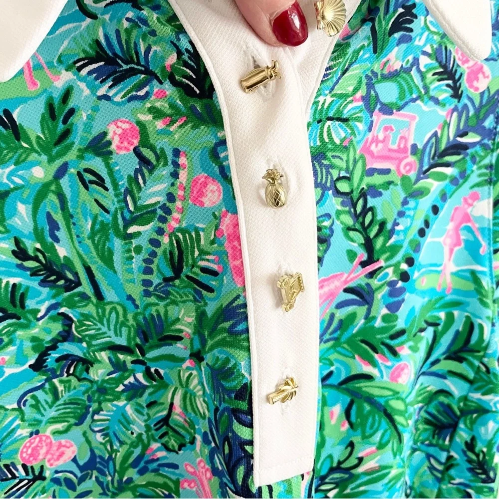 Lilly Pulitzer Imara Golf Print Polo Top Novelty Gold Buttons XS - Picture 6 of 16